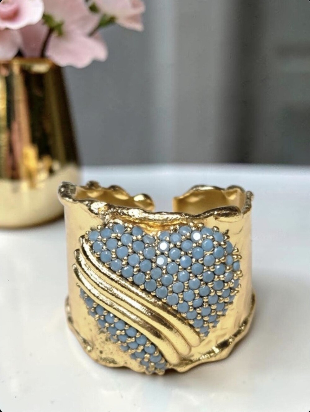 24k Gold Plated Chunky Hammered Turquoise Heart Crystal Wide Band Ring